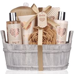 a basket filled with lots of different types of bath products