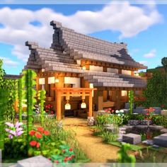 an image of a house made out of wood and stone in the minecraft game