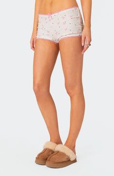 Pointelle-stitched trim adds romantic allure to these soft and stretchy low-rise shorts cut to a cheeky length. Pull-on style 95% polyester, 5% spandex Machine wash, dry flat Imported Pointelle Fabric, Visionary Fashion, Micro Shorts, Lace Trim Shorts, Low Rise Shorts, Dot Fabric, Swimwear Dress, How To Make Clothes, Dotted Fabric