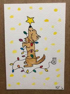 a drawing of a dog sitting on top of a christmas tree with lights around it