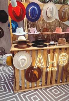 #ibiza #cowboyhat Hat Bar Wedding, Hat Bar Party, Hat Bar Display Ideas, How To Start A Hat Bar, Hippy Cowboy, Pyrography Ideas, Vendor Booth Display, Custom Cowboy Hats, Business Things