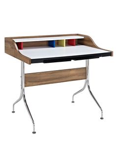 a wooden desk with a white top and two colored sections on the bottom, in front of a white background