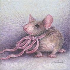 a pastel drawing of a mouse with a pink ribbon around it's neck