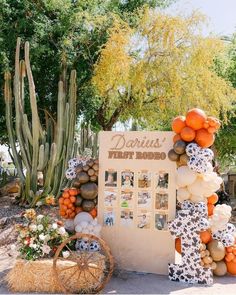 there is a sign that has been decorated with oranges and other things on it