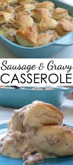 sausage and gravy casserole in a blue dish with biscuits on the side