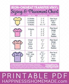 the iron - on heat transferer sewing and placement chart