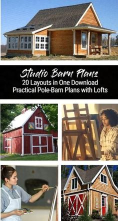 an advertisement for a small barn house with lots of pictures and instructions to build it