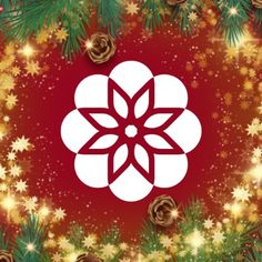 a red and white snowflake with gold stars around it on a red background