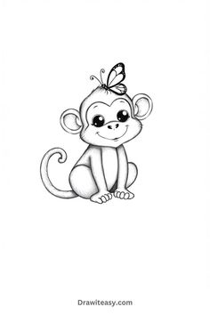 A smiling cartoon monkey sitting down with a butterfly resting on its head, drawn in a soft black-and-white sketch style. Drawing Tutorials For Kids