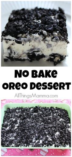 no bake oreo dessert on a plate with the words, no bake oreo desert