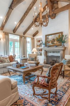 a living room filled with furniture and a fire place in the middle of a room