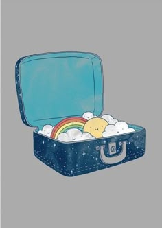 an open suitcase filled with lots of white clouds and a rainbow in the inside, on a gray background