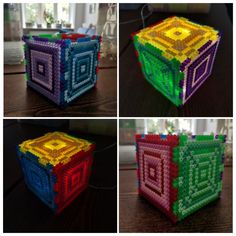 four different views of a cube made out of legos