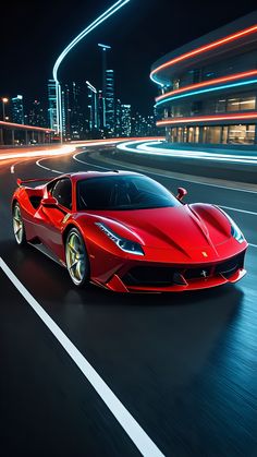 a red sports car driving down the road at night