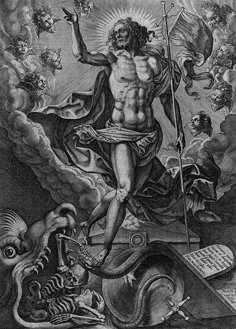 an old black and white drawing of a man surrounded by other animals, including a demon