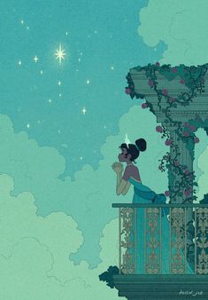 the princess and the frog is sitting on a balcony looking at the stars in the sky