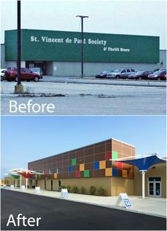 before and after photos of a building that has been painted to look like an advertisement