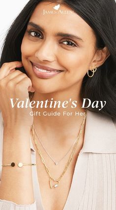 a woman wearing a necklace and bracelet with the words valentine's day gift guide for her