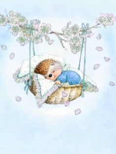 a hedge is sleeping in a basket on a swing