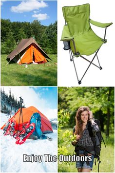 there are four different pictures with camping equipment