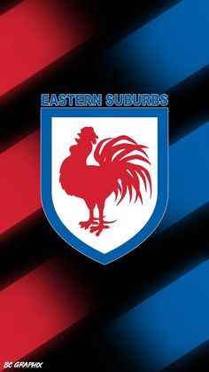 an image of a rooster emblem on a blue and red striped background with the words eastern suburbs