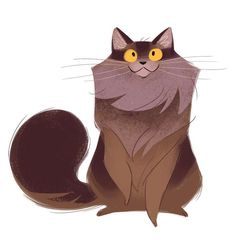 a drawing of a cat with yellow eyes sitting down and looking at the camera, on a white background