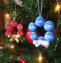 an ornament is hanging from a christmas tree