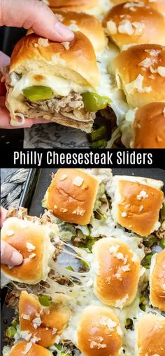 two pictures showing different types of sliders with cheese and meat on them, one being cut in half