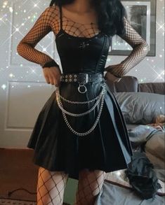 Goth Outfits Women Skirts, Black Emo Dress Outfit, Hot Alt Outfits Aesthetic, Fishnets Outfit Dress, Goth Asethic Outfits, Goth Skirt Aesthetic, Goth Outfits For Concerts, Cute Goth Skirt Outfits, Corset Fishnet Outfit