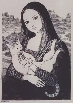 a drawing of a woman holding a cat