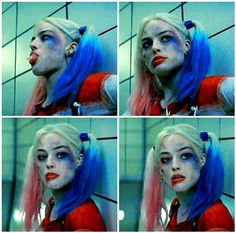 four pictures of a woman with blue hair and makeup