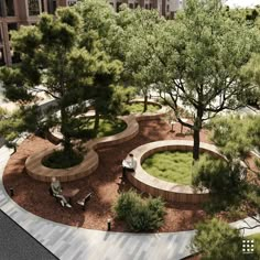 an aerial view of a park with benches and trees