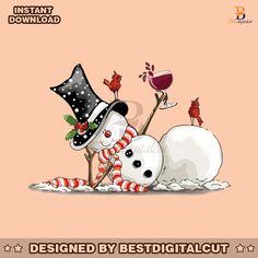 a snowman with a top hat and candy cane laying next to another snowman