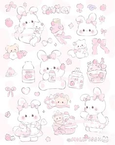 a bunch of pink stickers with teddy bears and other items on them, all in different shapes and sizes