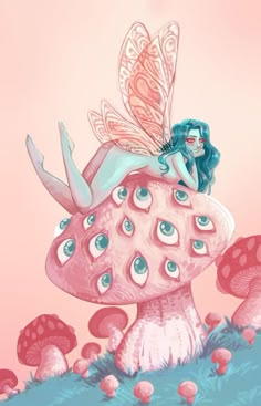 a drawing of a fairy sitting on top of a mushroom with blue hair and eyes