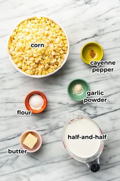 ingredients to make corn on the cob laid out on a marble counter top with text overlay