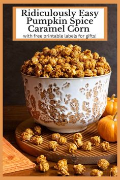 a white bowl filled with pumpkin spice caramel corn