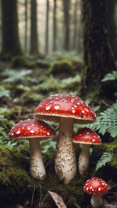 three mushrooms are sitting on the ground in the woods