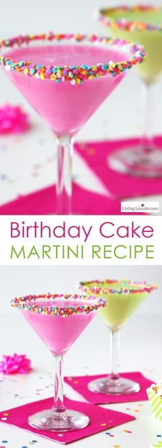 a birthday cake martini recipe with sprinkles on the rim and in glasses