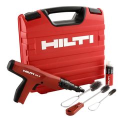 a red tool kit with tools in it