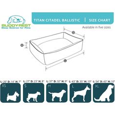 the body rest dog bed is shown with measurements for each size and color, including two sizes