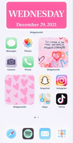 an iphone screen with the text wednesday on it and icons in pink, white and blue