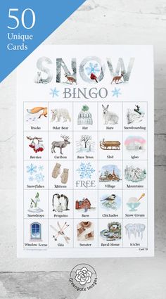 a snow bingo game with animals and other things to play in the snow on it