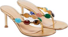 Luxury Multicolor Open Heel Sandals, Luxury Almond Toe Sandals For Galas, Luxury Multicolor Open Toe Sandals, Luxury Gold Toe Post Sandals, Elegant Multicolor Beach Sandals, Elegant Multicolor Sandals For The Beach, Luxury Multicolor Formal Sandals, Luxury Multicolor Sandals For Formal Occasions, Luxury T-strap Sandals With Leather Sole