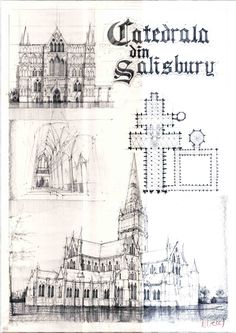 an old book with some drawings on the front and back pages, including a drawing of a cathedral