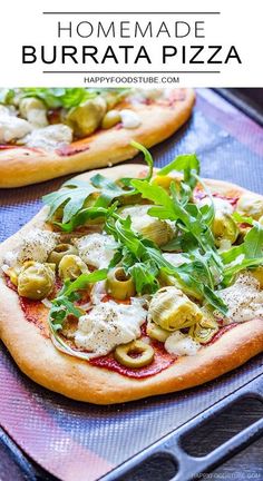 two pizzas sitting on top of a pan covered in cheese and toppings with the words homemade burrata pizza