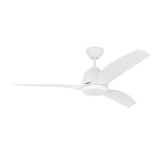 a white ceiling fan against a white background with the light on it's blades