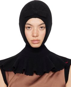 Rib knit wool- and nylon-blend balaclava in black. · Bow accent at face · Scalloped edge at flared collar · Logo embroidered at collar Face masks and face coverings are final sale and are not eligible for return or exchange. Supplier color: Black Shushu Tong, Black Cape, Face Coverings, Black Bow, Scalloped Edge, Logo Embroidered, Face Masks, Apparel Accessories, Rib Knit