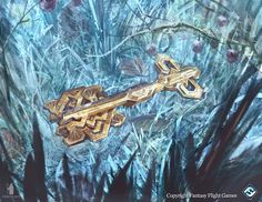 a golden key sitting in the middle of a forest filled with leaves and flowers on top of snow covered ground