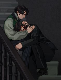 a man and woman hugging on the stairs